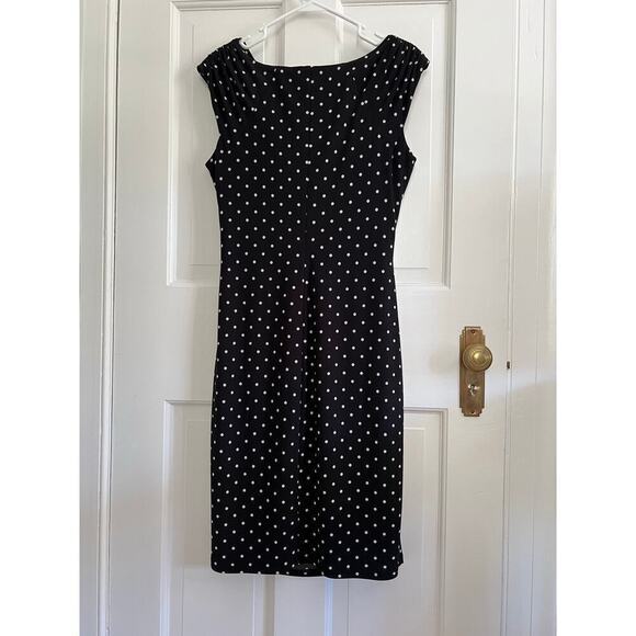 Lauren Ralph Lauren Polka Dot Ruched Midi Sheath Dress Black White Women's 8 - Picture 2 of 12